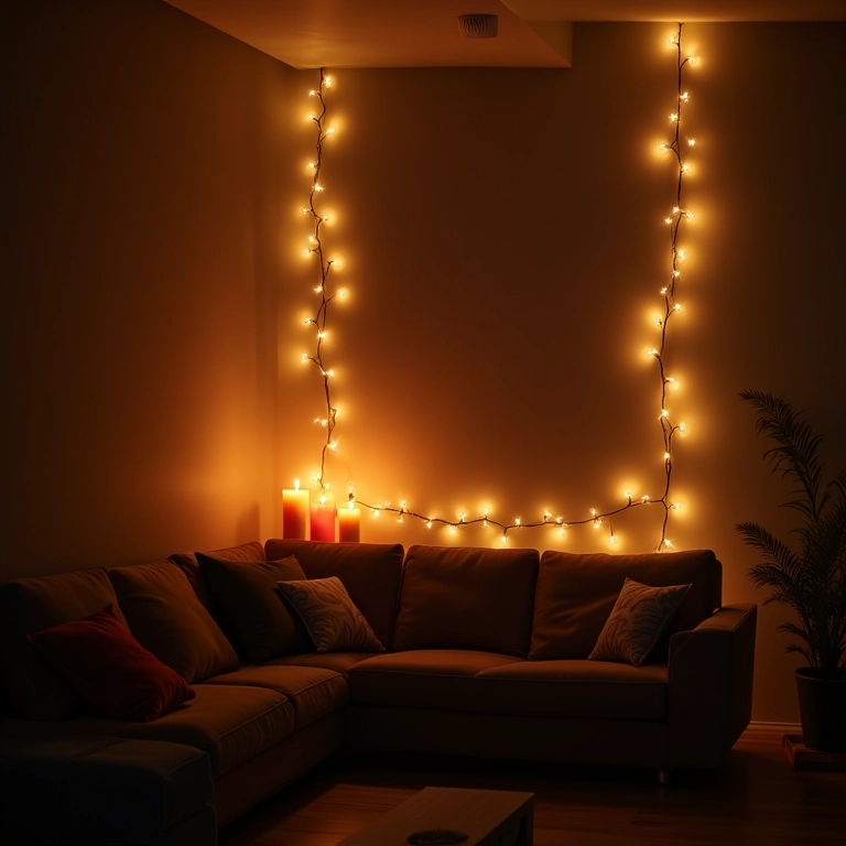 Sala iluminada por luzes suaves e velas, criando ambiente acolhedor.