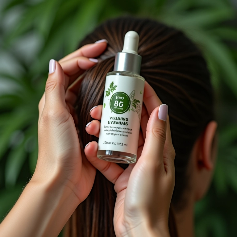 Sérum de brilho vegano e cruelty-free sendo aplicado em cabelos saudáveis.