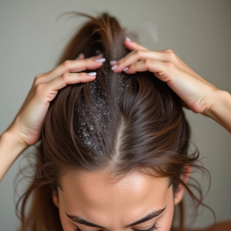 Shampoo a seco disfarçando a oleosidade da raiz do cabelo.