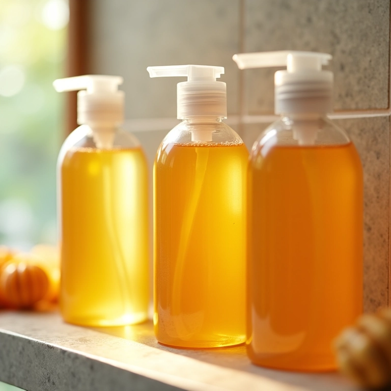 Shampoos e condicionadores com mel em prateleira.