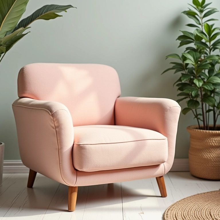 Sofá e poltrona em tons pastel com design brasileiro e pernas de madeira.