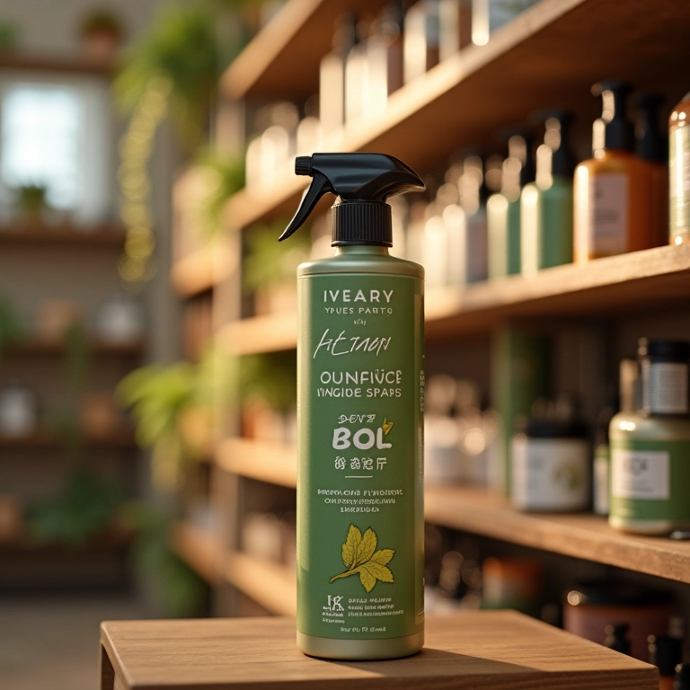 Spray de brilho vegano em prateleira de loja ecológica.