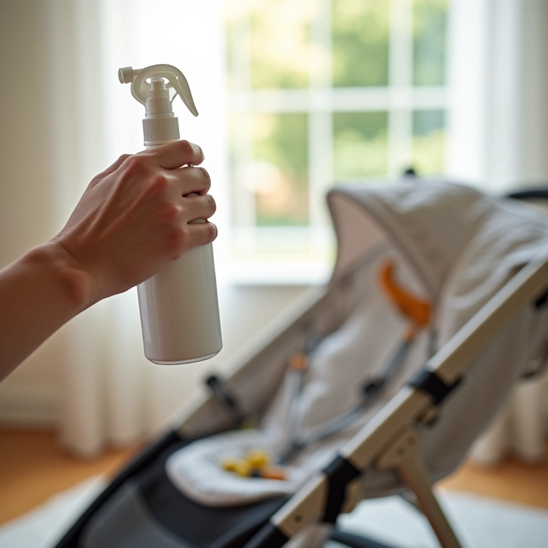 Spray protetor sendo aplicado em carrinho de bebê.