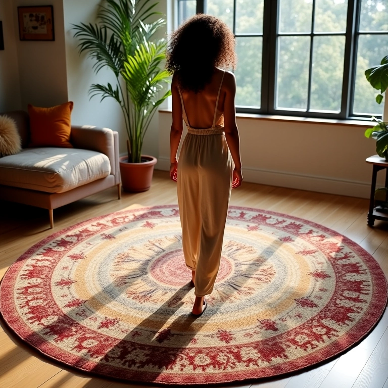 Tapete redondo em sala de estar com design brasileiro. Mulher cacheada caminhando.