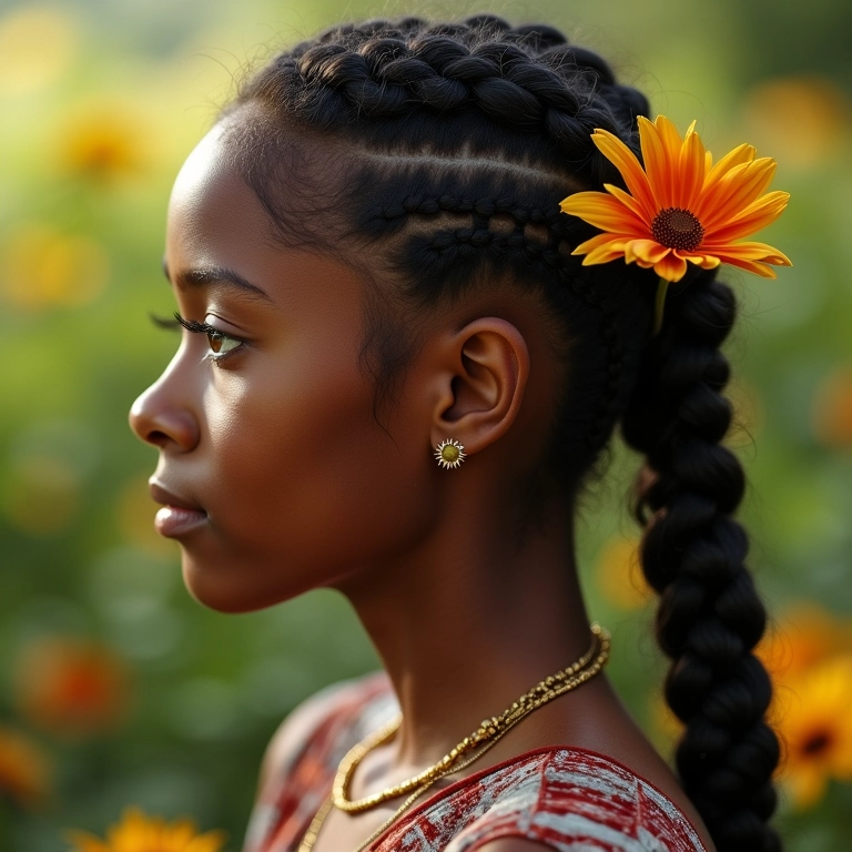 Tranças laterais com flores naturais em mulher brasileira.