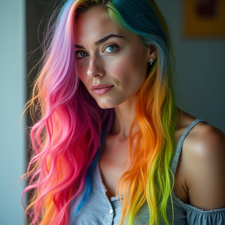 Underlayer hair com cores vibrantes do arco-íris, visual moderno e ousado.