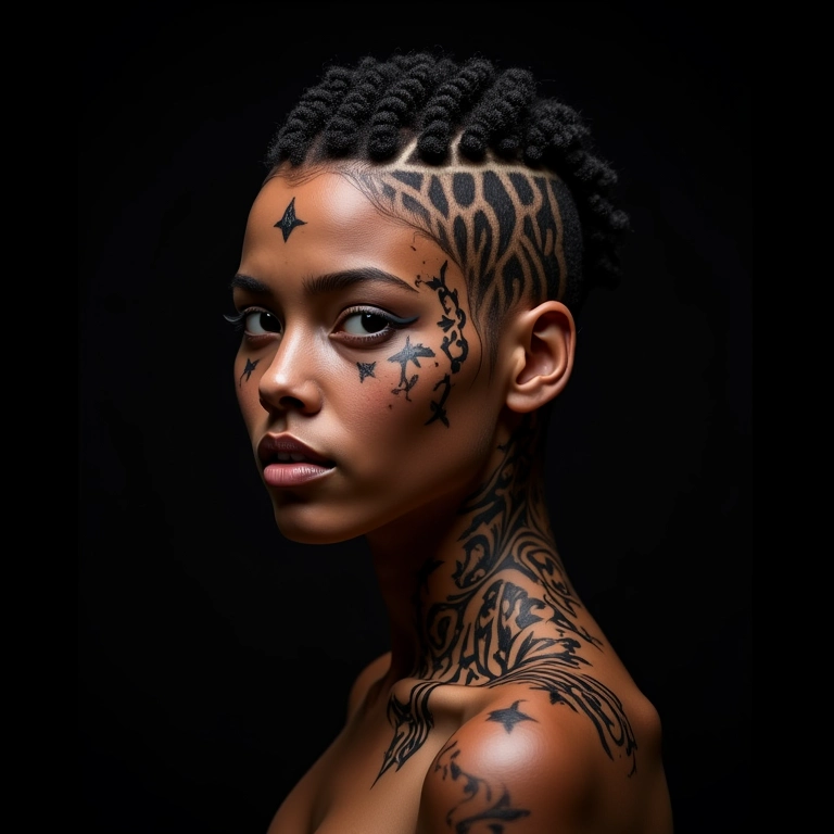 Underlayer hair com desenhos, visual artístico e personalizado.