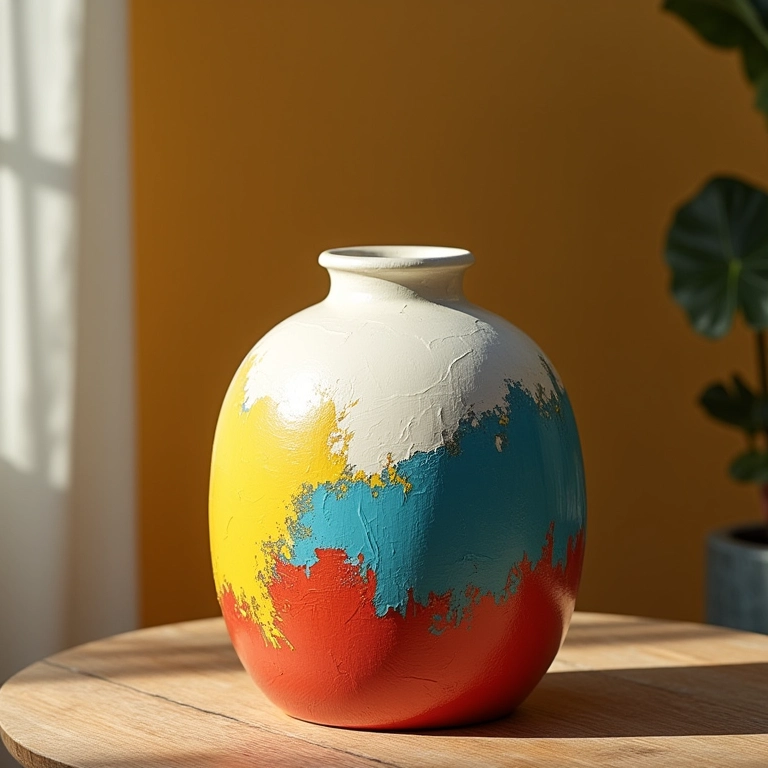 Vaso de cerâmica com decapagem parcial colorida.