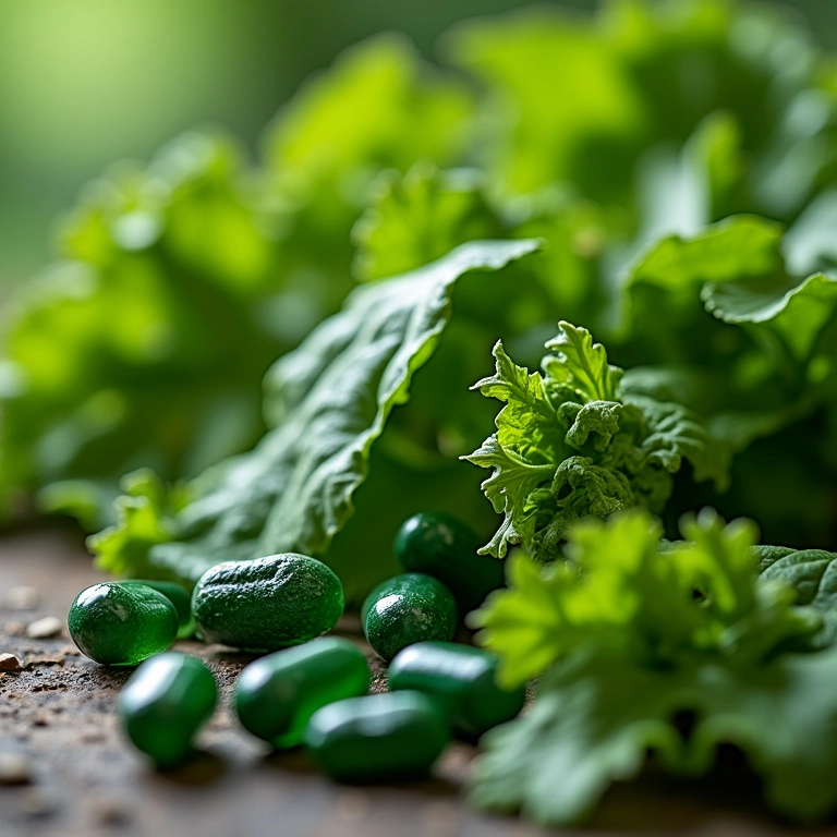 Vegetais verdes folhosos ricos em ferro e cápsulas de suplemento.