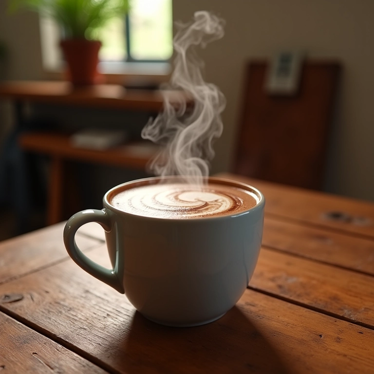 Xícara fumegante de chocolate quente cremoso em mesa de madeira rústica.