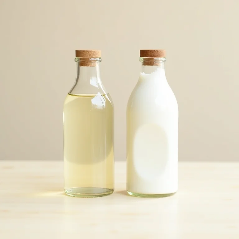 Água de coco e máscara capilar em um fundo de madeira.