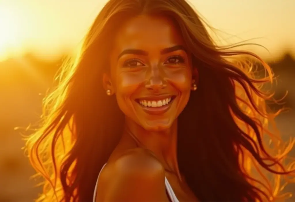 Cabelo longo e brilhante com iluminação natural.