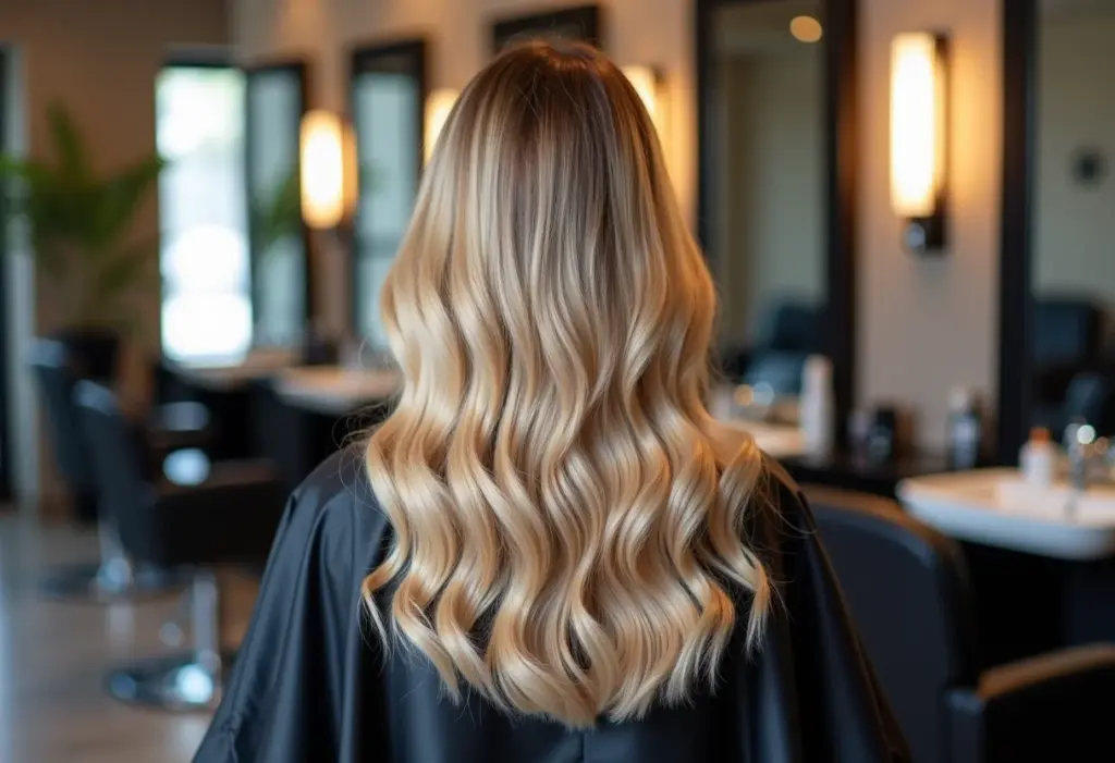 Corte de cabelo em camadas visto de costas no salão