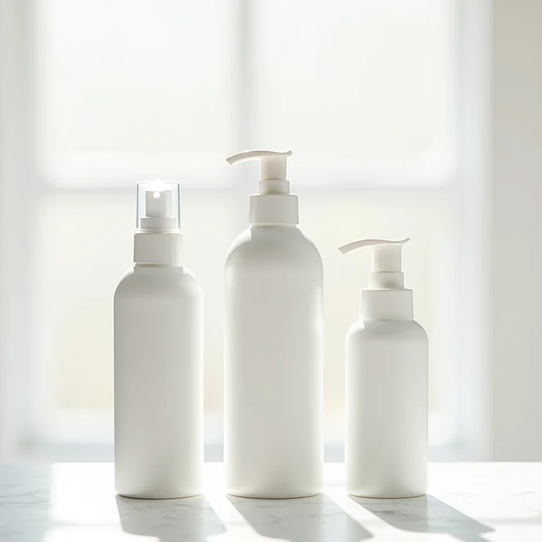 Frascos de shampoo seco em fundo de mármore branco