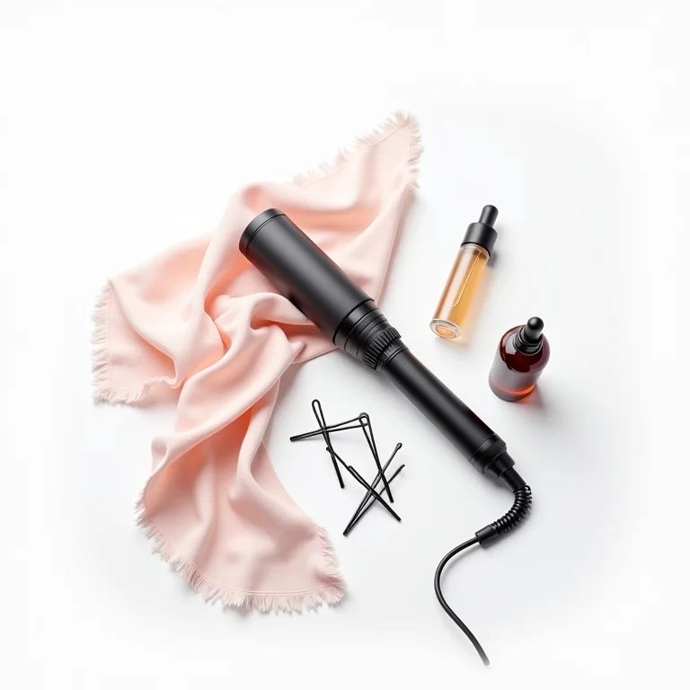 Modelador de cachos automático e acessórios para cabelo em fundo branco.