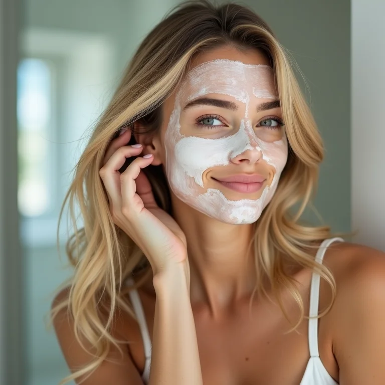 Mulher aplicando máscara de reconstrução capilar no banheiro