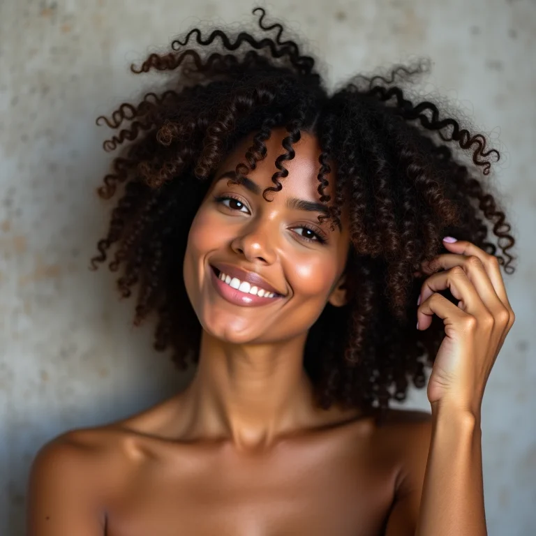 Mulher aplicando produto nos cabelos crespos com a técnica de fitagem.