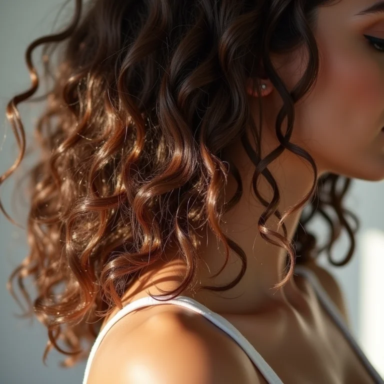 Mulher aplicando protetor térmico no cabelo cacheado