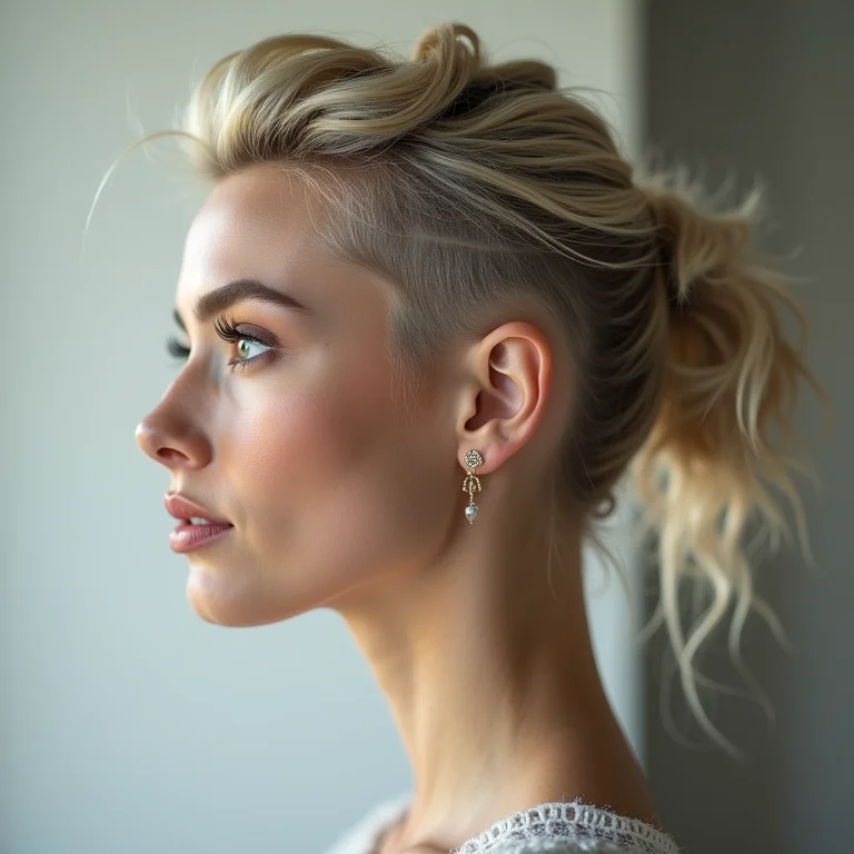 Mulher branca de perfil com undercut e brincos delicados