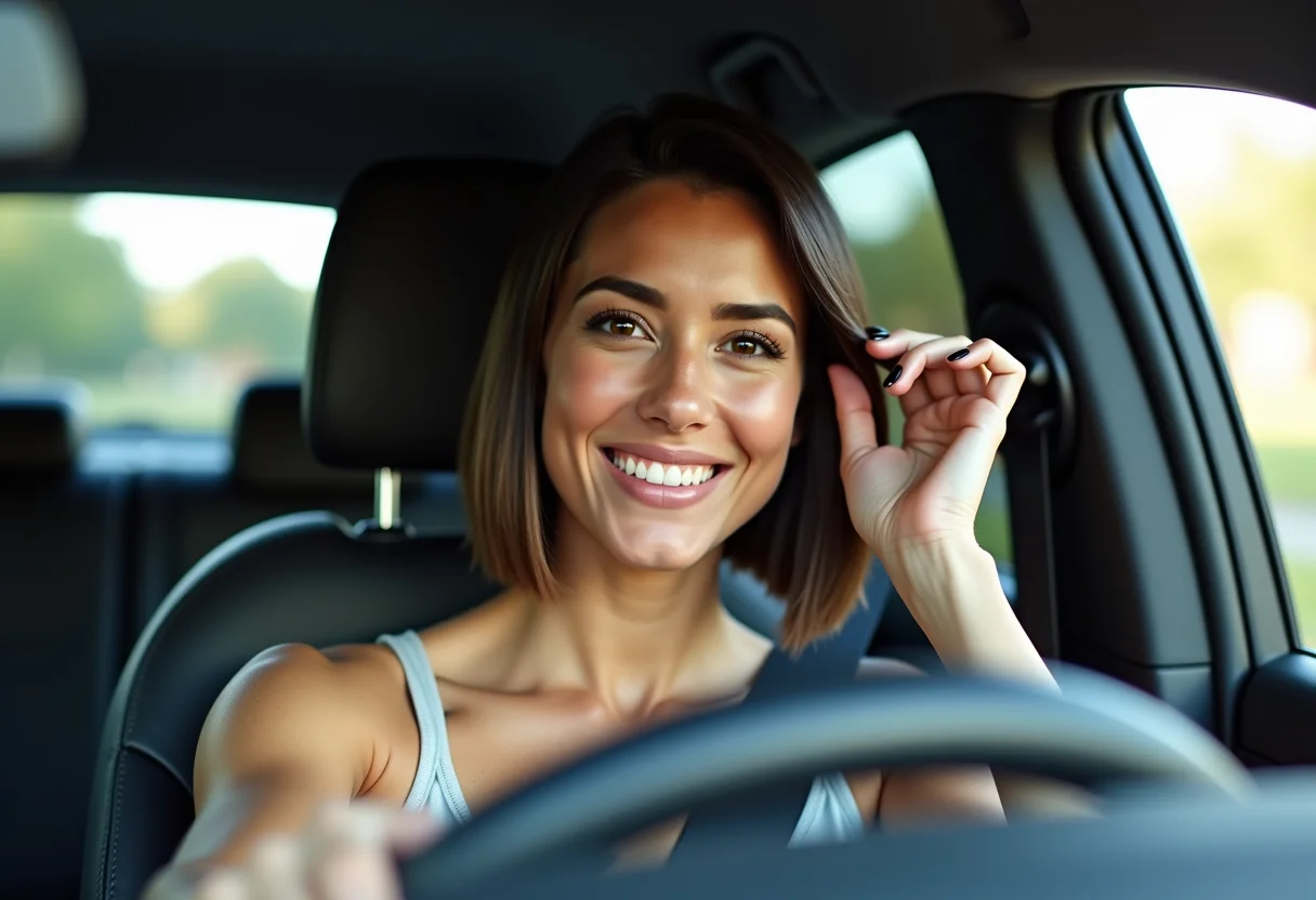 Mulher brasileira com corte bob elegante tirando selfie no carro