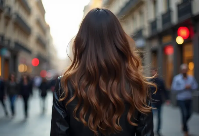Mulher brasileira de cabelos longos e ondulados caminhando em rua movimentada