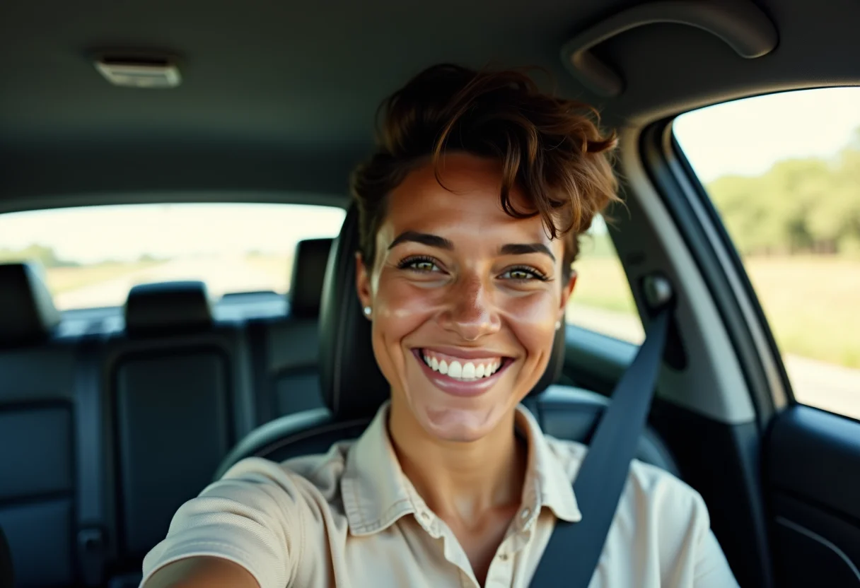 Mulher brasileira ruiva sorrindo no carro com corte bixie moderno.
