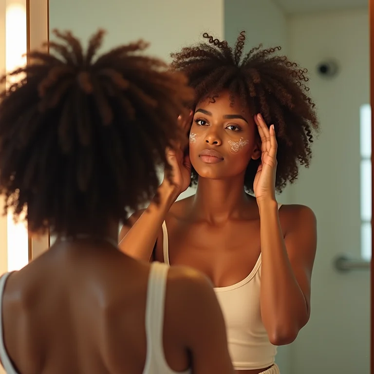 Mulher cacheada aplicando máscara capilar no banheiro
