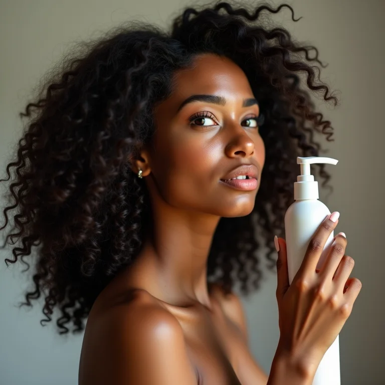 Mulher cacheada aplicando reparador de pontas