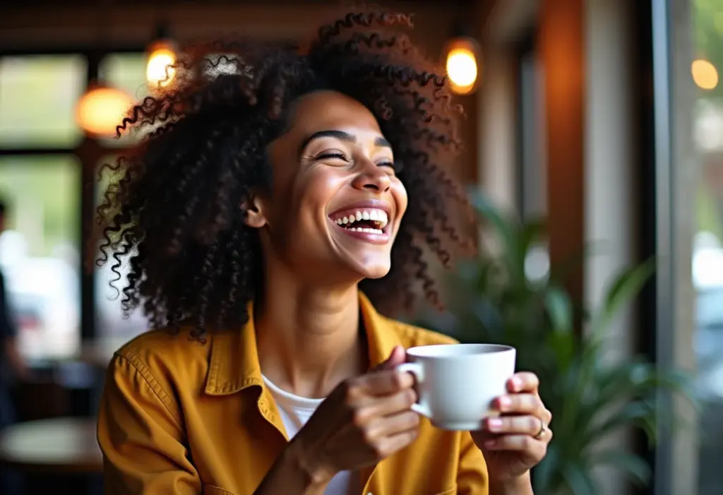 Mulher cacheada rindo em cafeteria charmosa.