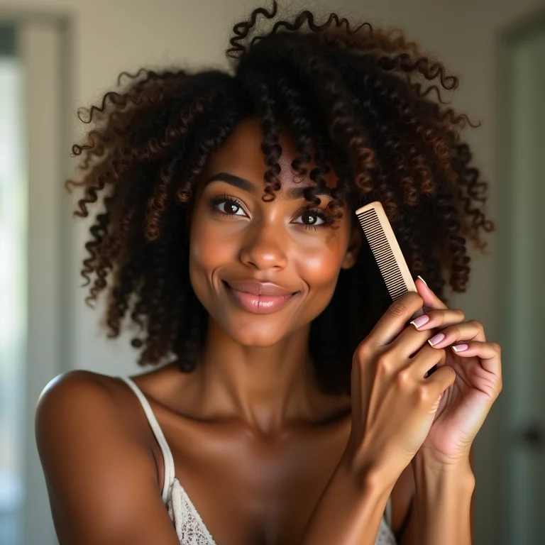 Mulher com cabelo cacheado desembaraçando os fios com pente de dentes largos