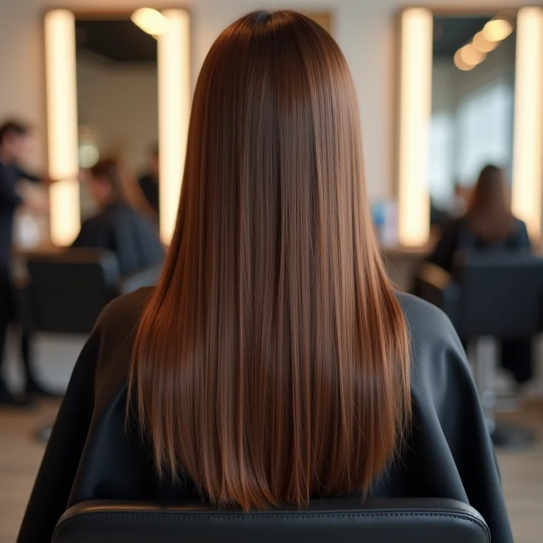 Mulher com cabelo liso e comprido no salão após reconstrução