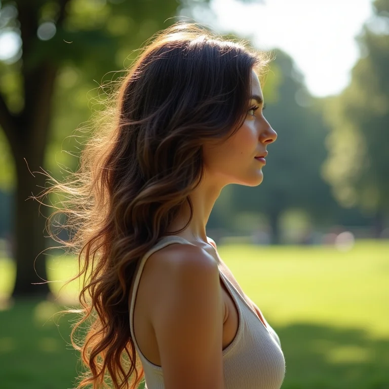 Mulher com cabelo ondulado protegida em um parque.