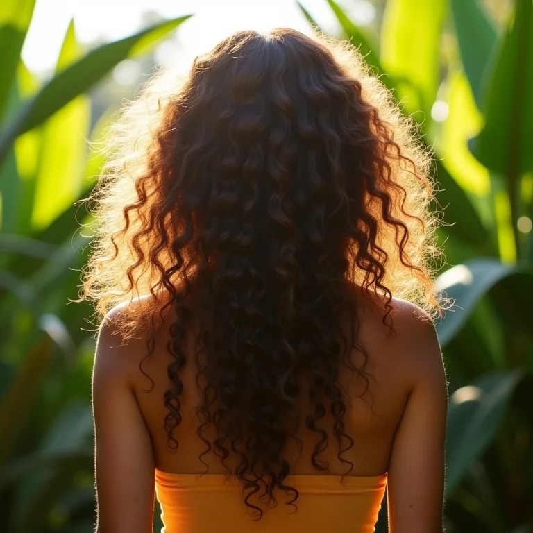 Mulher de costas com cabelo cacheado brilhante e saudável