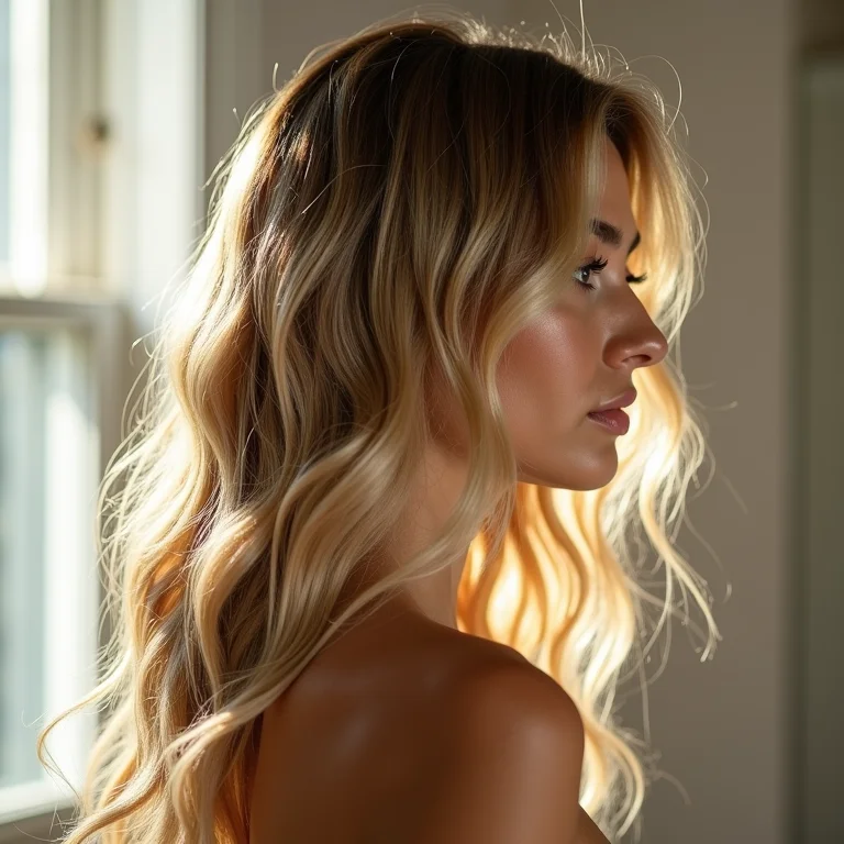 Mulher de perfil aplicando shampoo seco no cabelo ondulado