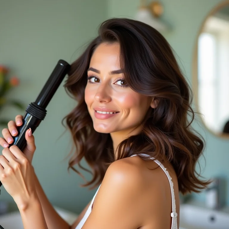 Mulher enrolando o cabelo em casa para fazer hollywood waves