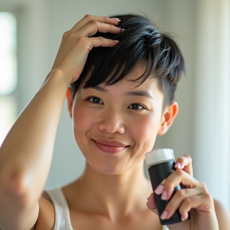 Mulher finalizando o corte bixie no banheiro.