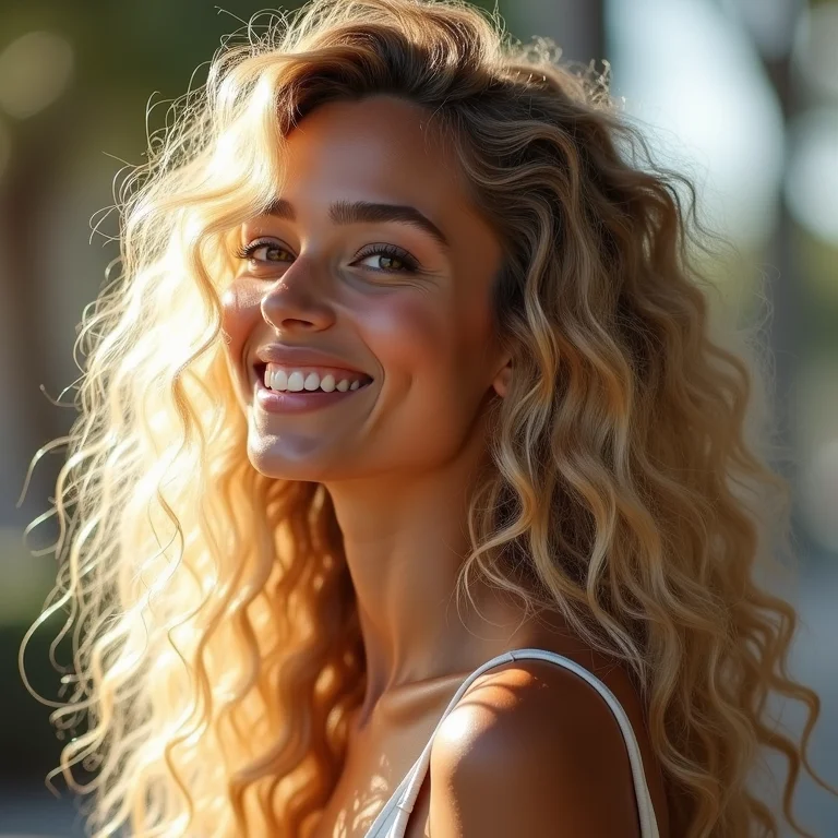 Mulher loira com cabelo cacheado sorrindo de perfil