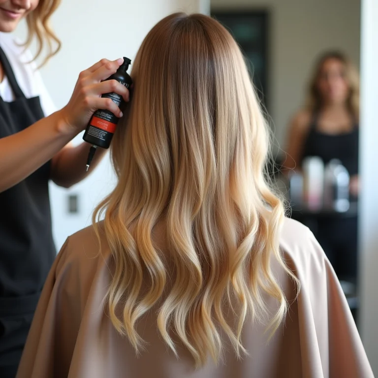 Mulher loira recebendo tratamento de reconstrução capilar no salão