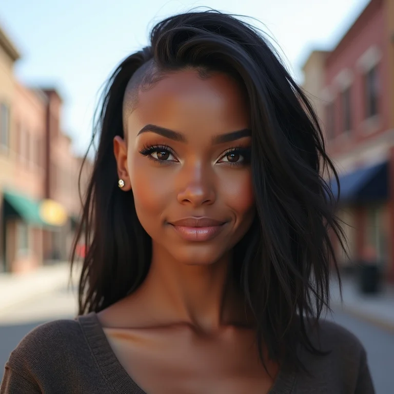 Mulher mestiça com undercut lateral e expressão confiante