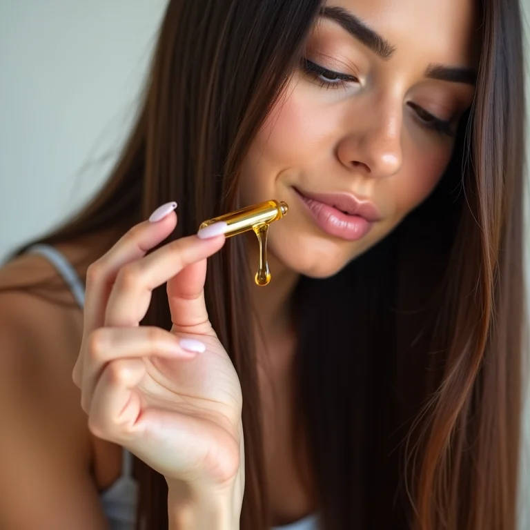 Mulher morena aplicando óleo capilar nas pontas dos cabelos