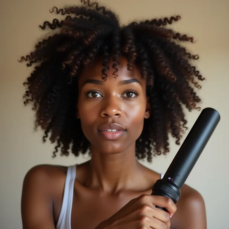 Mulher negra ajustando a temperatura do modelador de cachos para cabelos crespos.
