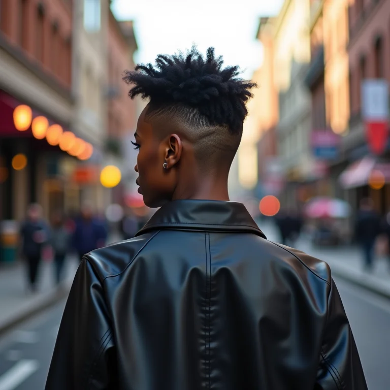 Mulher negra caminhando na rua com undercut