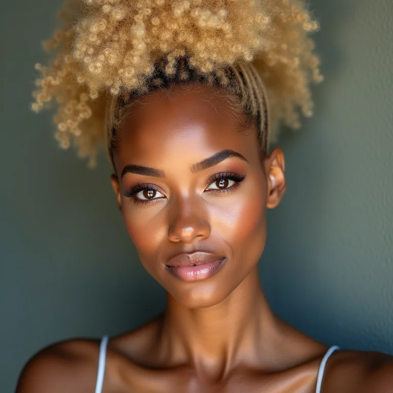 Mulher negra com cabelo afro loiro em um penteado volumoso