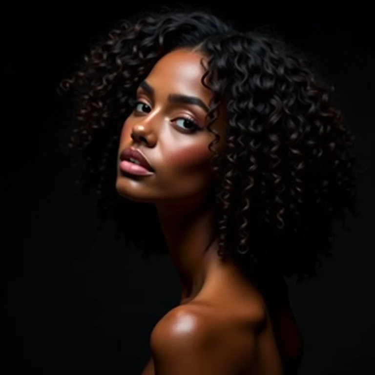 Mulher negra com cabelo cacheado brilhante.