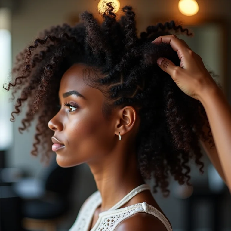 Mulher negra com cabelo cacheado recebendo tratamento de reconstrução capilar no salão