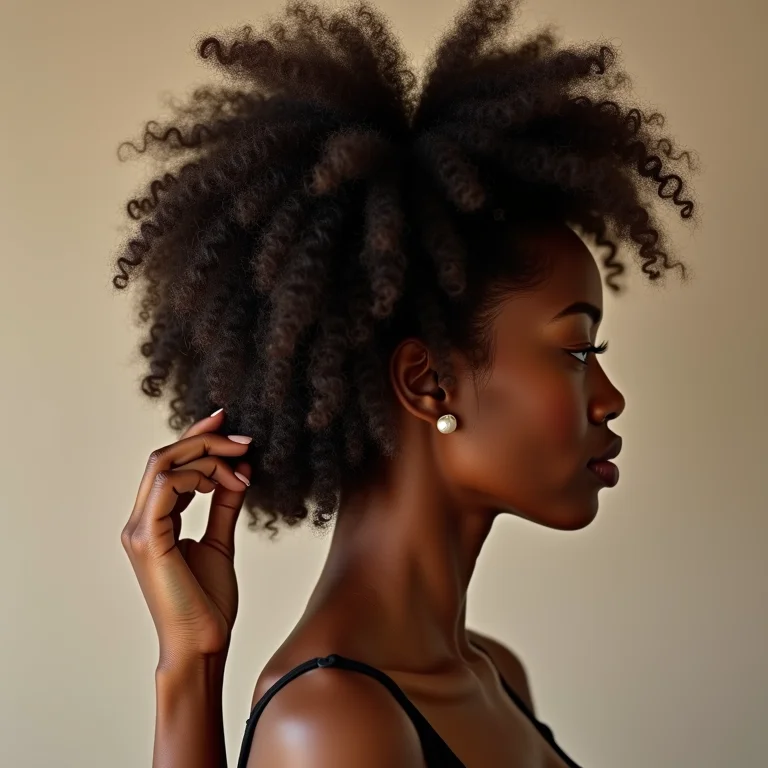 Mulher negra com cabelo crespo 4c tocando seus cachos