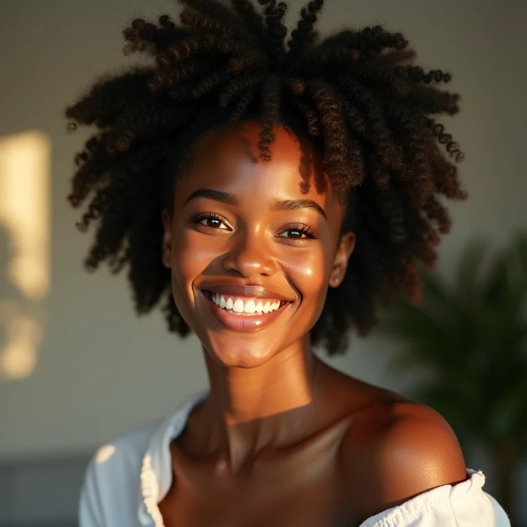Mulher negra com cabelo crespo (tipo 4C) sorrindo após reconstrução capilar