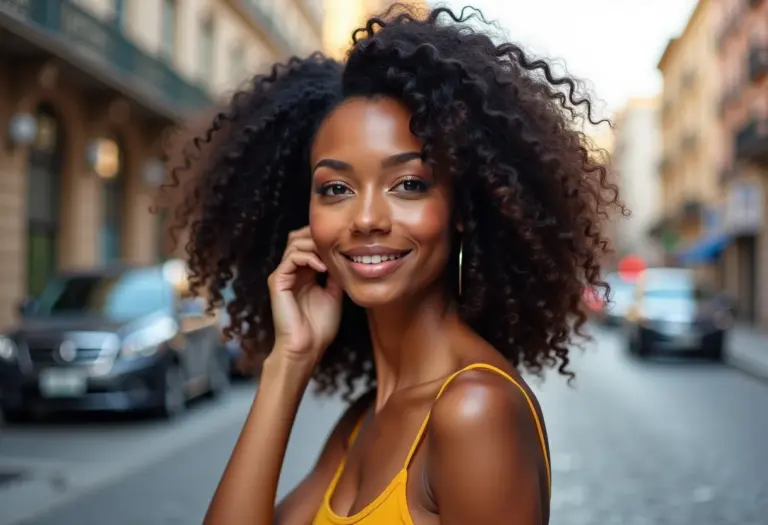 Mulher negra com cachos 3B definidos e texturizados na rua.