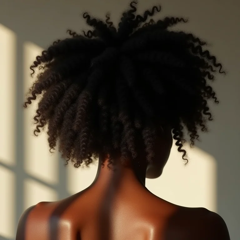 Mulher negra de costas mostrando o volume do cabelo crespo após usar shampoo seco