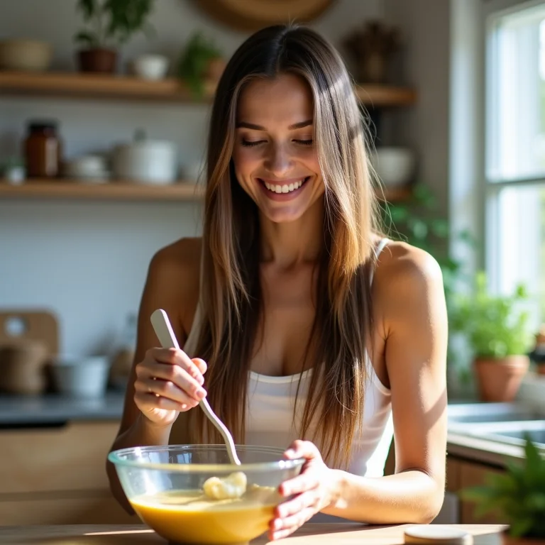 Mulher preparando creme de tratamento caseiro.